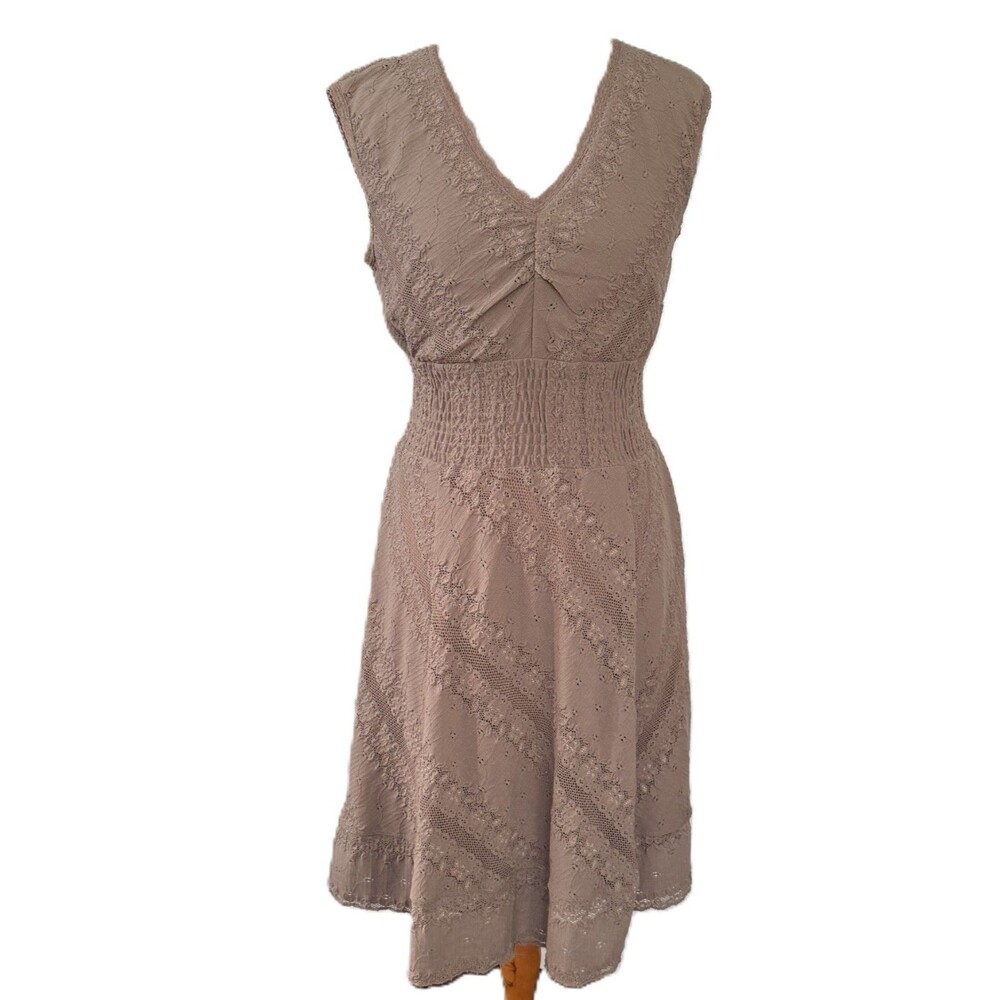rabbit rabbit rabbit Petite Lace V-Neck Smocked Waist Dress Taupe Size 10P Boho